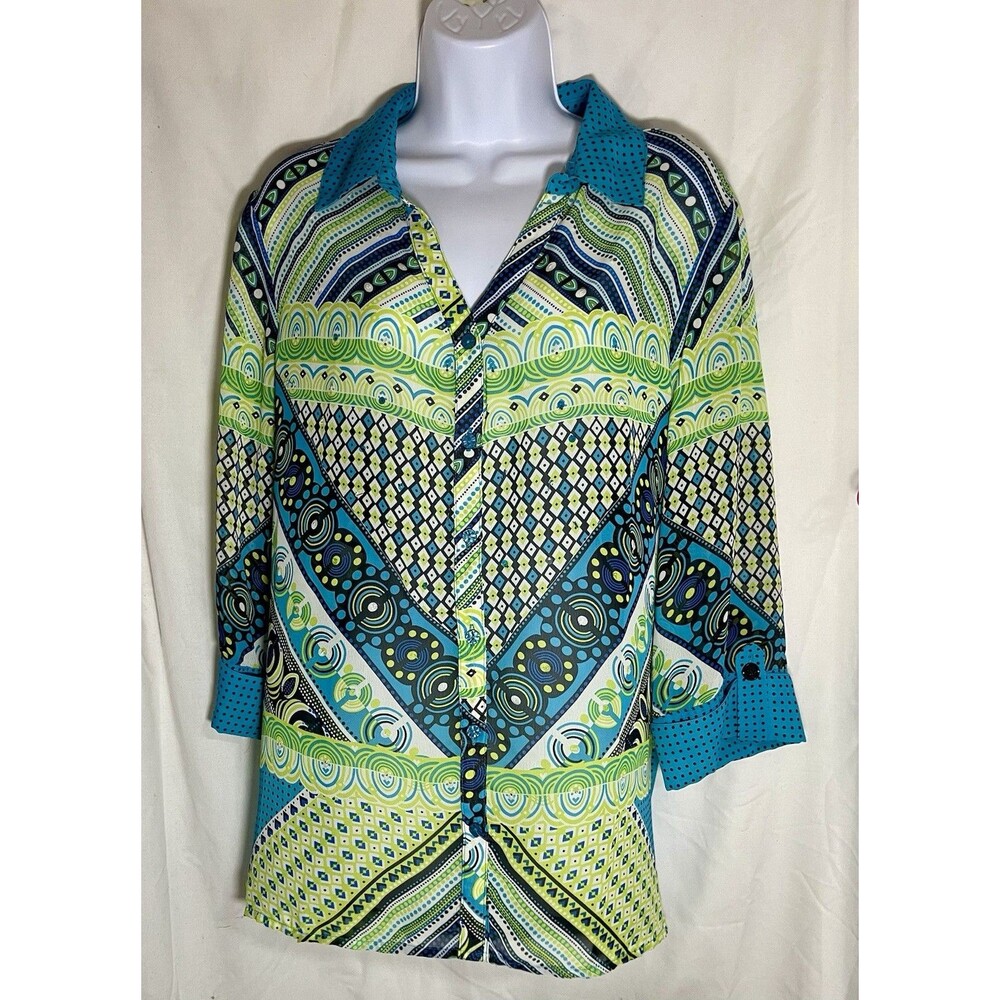 City Girl Nancy Bolen Teal Lime Geometric Print Button Down Blouse Tunic XL